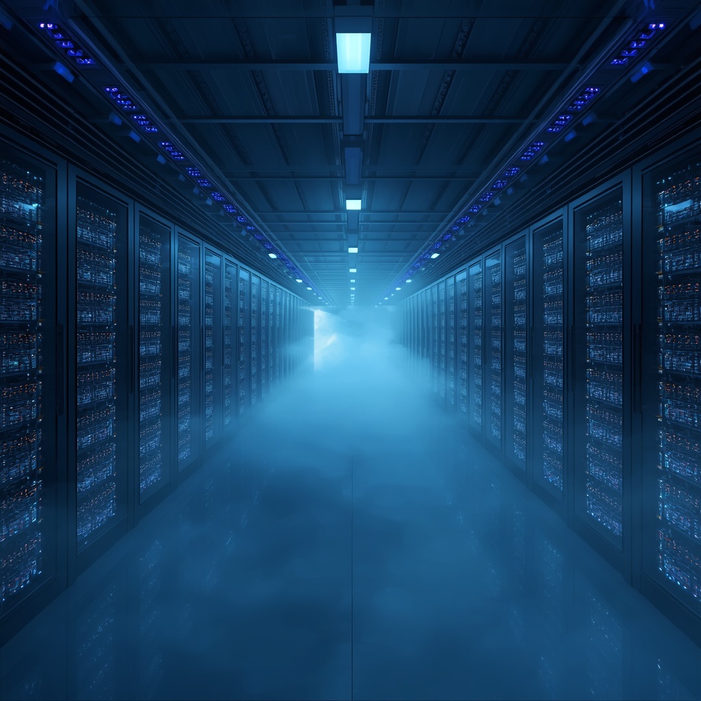 A futuristic server room data center with rows of illuminated server racks, glowing blue and cyan LED lights, fiber optic cables, clean modern architecture, atmospheric fog and volumetric lighting, cinematic wide angle shot, no people visible